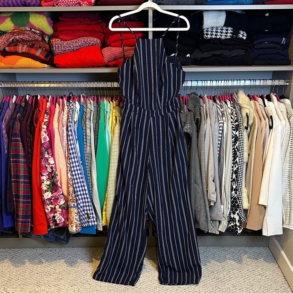 Japna navy/white striped adjustable strap back tie/zipper jumpsuit size M
